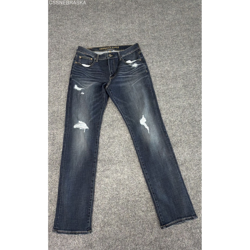 American Eagle Men Slim Straight Jeans Dark Wash Distressed Extreme Flex 4 34x34